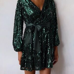 NWT LC Lauren Conrad XS Elegant Green Sequin Wrap Dress
